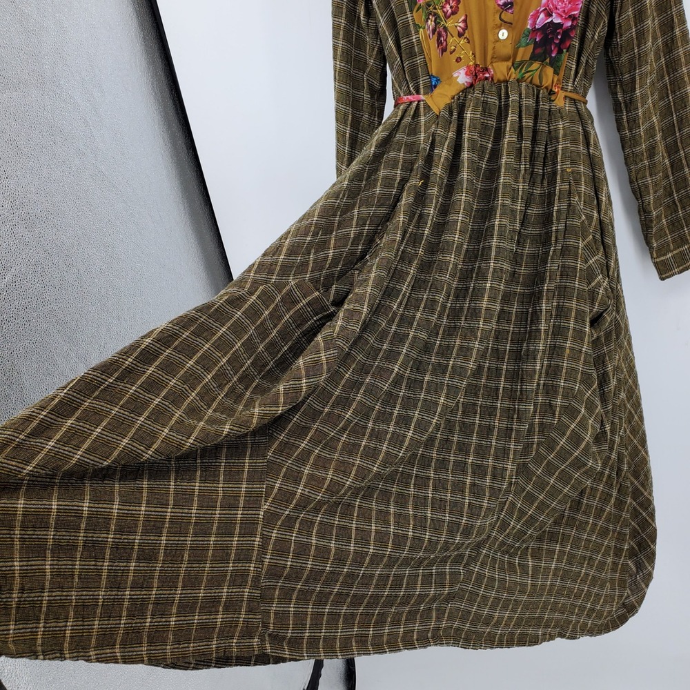 Alembika Floral Plaid Mixed Media Midi Dress Brown 4 Lagenlook Artsy Cottagecore - Picture 7 of 13